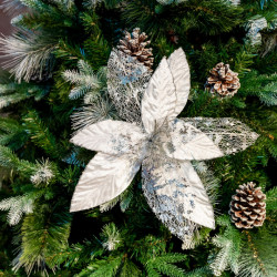 Decoratiune pentru brad in forma de floare, culoare argintiu, dimensiune 40 cm, MI-1079